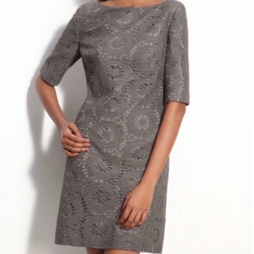 Adriana Papell || Grey Crochet Shift Dress
